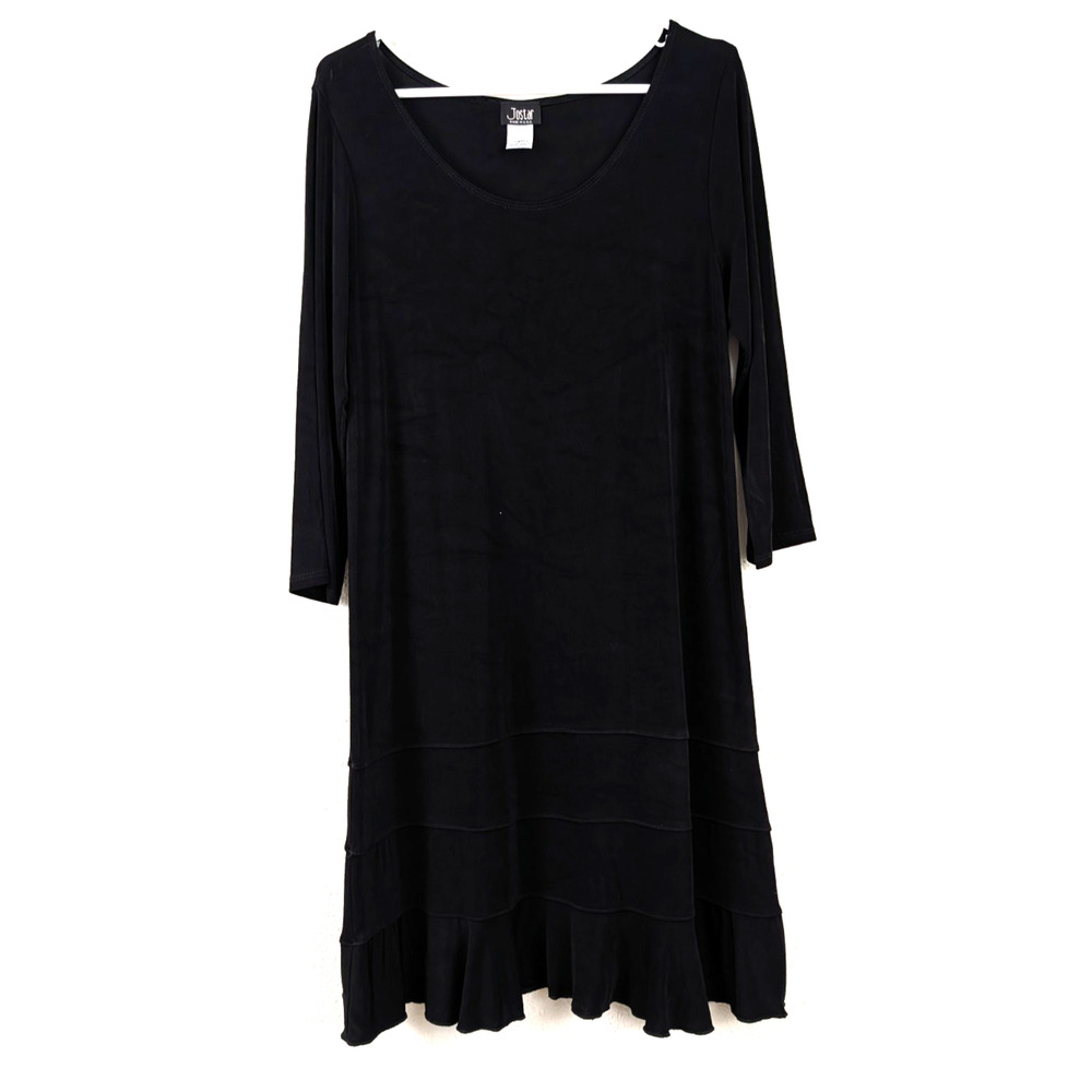 Jostar sz L Slinky Travel Knit Dress 3/4 sleeves black stretchy A-line 3976